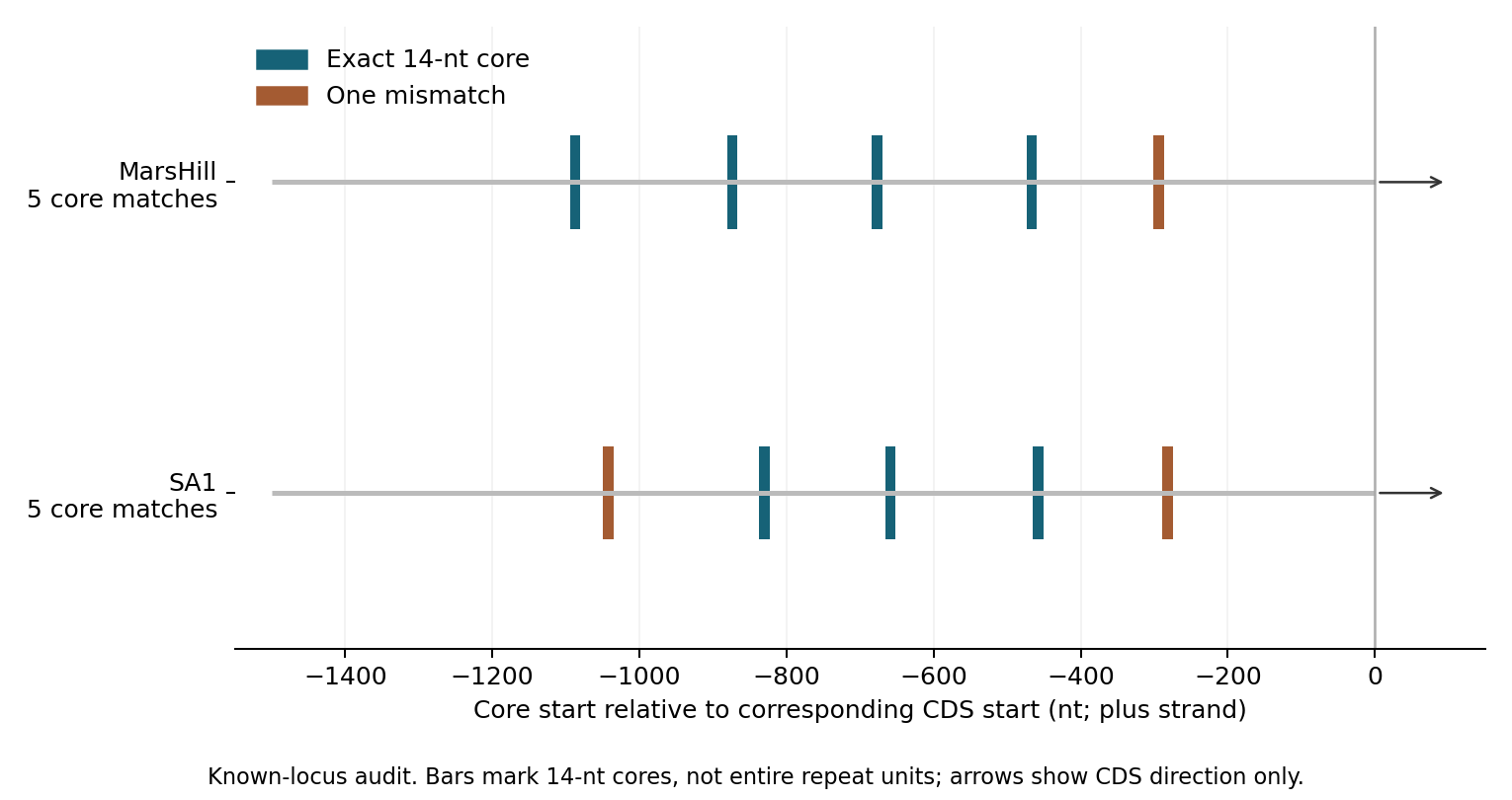 Known core-motif positions recalculated from public genomes